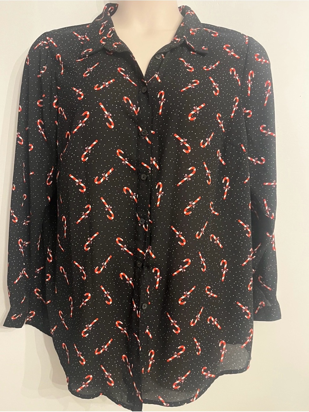 Black Candy Cane Print Button-Up Shirt